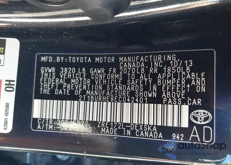 2014 Toyota Corolla S Plus z USA, uszkodzony, nr VIN 2T1BURHE8EC042401